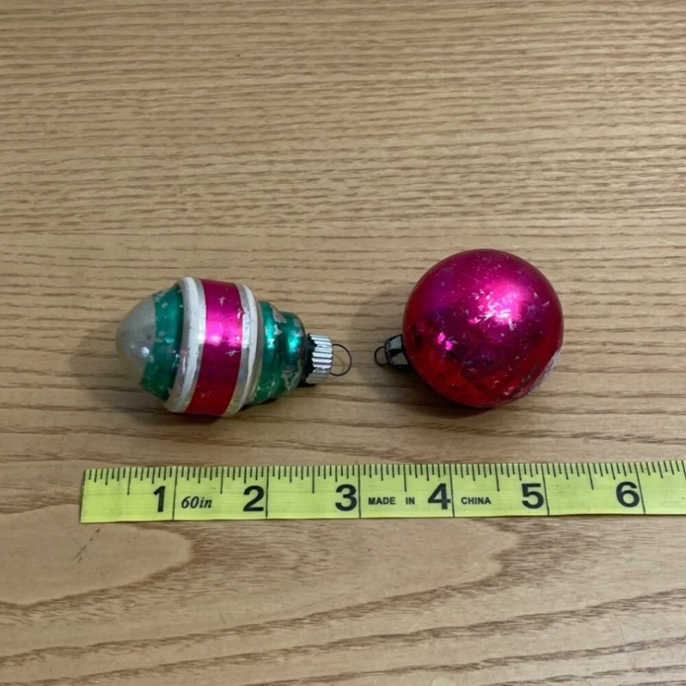 Vtg Shiny Brite Glass Christmas Ornaments Set Of 2 w Snowman And Striped Designs